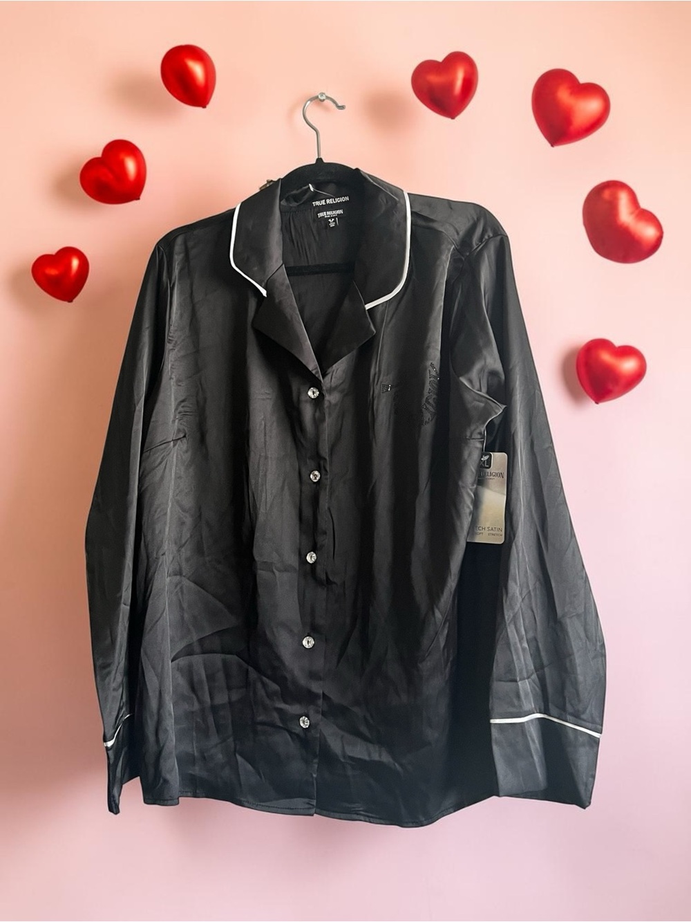 True Religion Black Satin-Feel PJ set with Contrast Piping